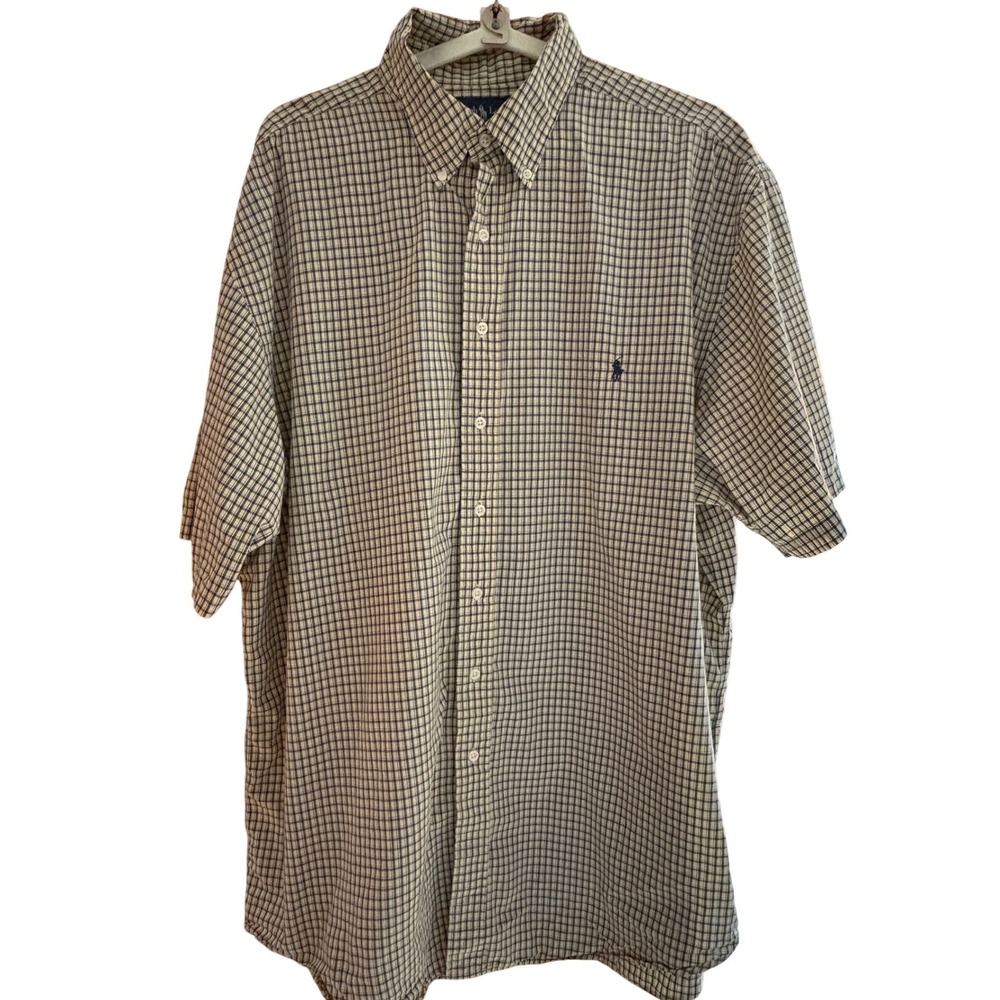 Ralph Lauren Mens 2XLT Yellow Navy Blue Check Short Sleeve Button Down Shirt